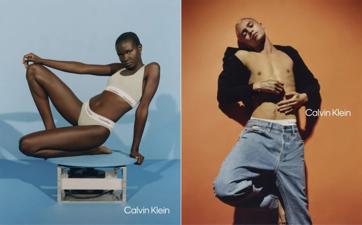 Two panels showcase Calvin Klein branded underwear: a woman in a matching set and a man in jeans and open jacket posing confidently.