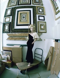 A woman in a black and white gown standing on a wooden utility cart inside a room filled with large decorative frames on the wall.