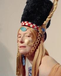 Portrait of Tilda Swinton wearing a tall black bearskin hat with red and white checks and gold chain styling by Jerry Stafford