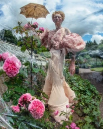 Model in ruffled pink gown standing in a garden with pink roses and a small umbrella overhead