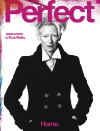 Tilda Swinton wearing a black double-breasted coat against a white background with pink magazine typography at the top