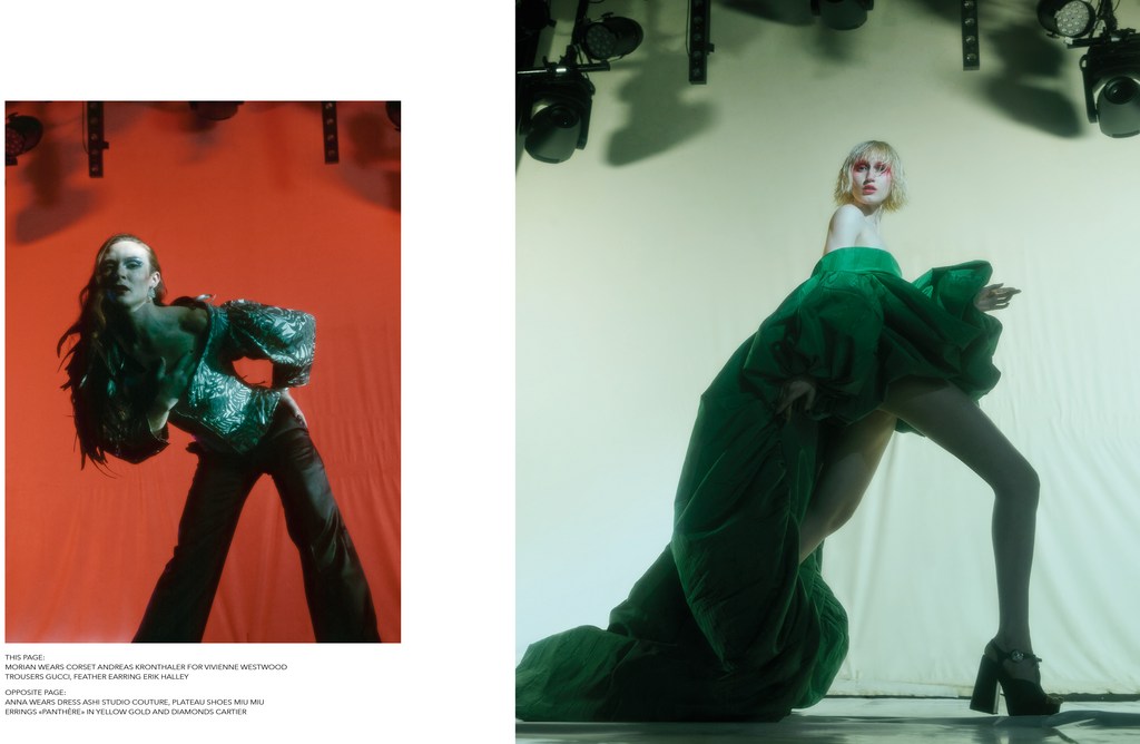 Two fashion photos: A woman in a shiny corset and trousers and another with a blond woman in a large green couture dress.