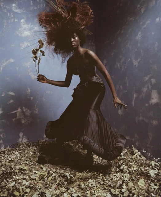 An African American adult woman is shown in a surreal portrait wearing a dramatic black gown and feathered headpiece, holding a leafy twig.