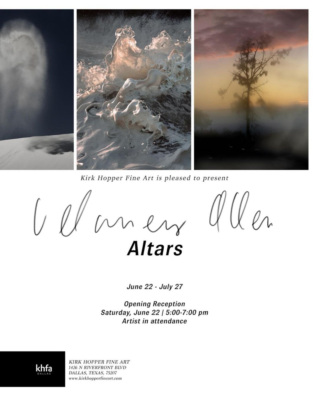 Art exhibition poster featuring a triptych of ocean and landscape photography, title 'Altars' and event details for Kirk Hopper Fine Art.