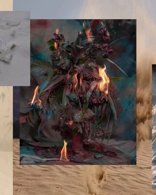 Digital collage of burning flower arrangement, sand dune, and water. The floral arrangement is on a square in the center.