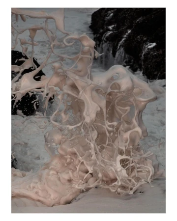 Close-up of white sea foam formation contrasting with dark rocks and ocean water, creating a dynamic coastal scene.