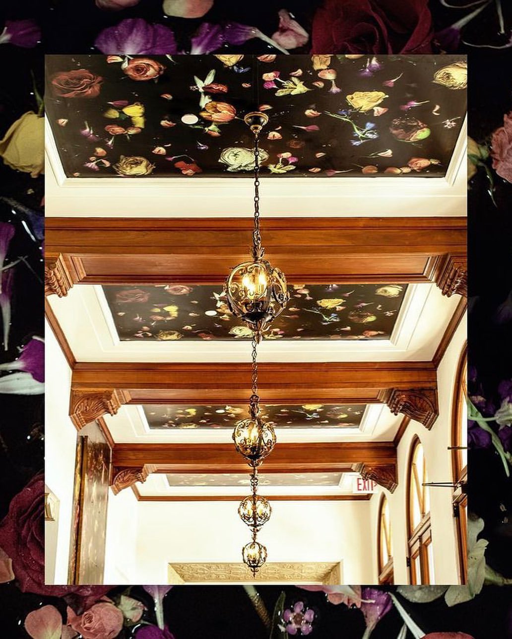 Interior view of a hallway with wooden trim, patterned ceiling, hanging pendant lights, and dark floral edges. Elegant design.