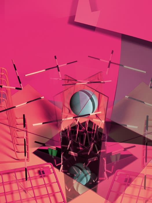 Abstract still life featuring a geometric composition of spheres, cubes, lattices, and planes in pink, peach, green, and purple hues.