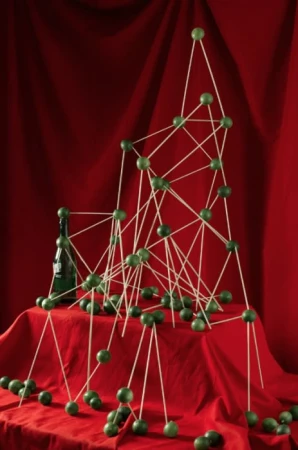 Geometric structure made of green balls and sticks arranged on a red cloth with a bottle in the background.