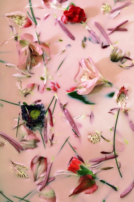 Close-up of red, pink, and blue flowers floating in a pastel pink liquid bath with green stems, evoking a dreamy, floral composition.