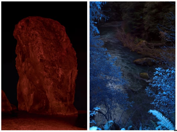 Two-panel landscape art: left shows a large red rock formation against a black background; the right, a blue-toned river scene.