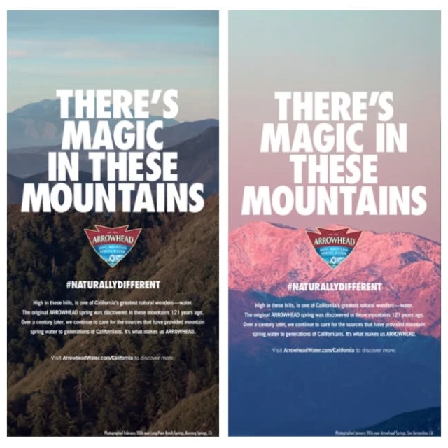 Two similar Arrowhead water advertisements featuring mountain landscape backgrounds and overlaid white text on a gradient sky.