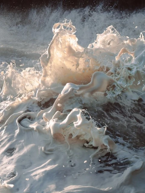 Dramatic ocean wave crashing with white foam and sea spray, illuminated by sunlight, creating a powerful and dynamic scene.