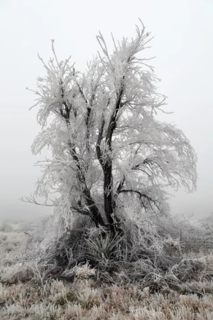Frost-covered tree stands prominently in a serene, winter landscape. The ground is covered with frosted grass, and a light fog fills the scene.