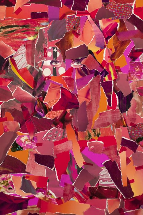 Abstract collage with torn paper in shades of red, pink, orange, and brown featuring a pair of eyes peeking through the paper.