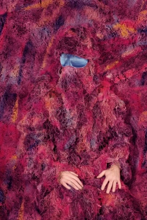 Figure completely covered in a pink, orange, and purple shag-carpet-like material with a pair of silver sunglasses. Hands are visible.