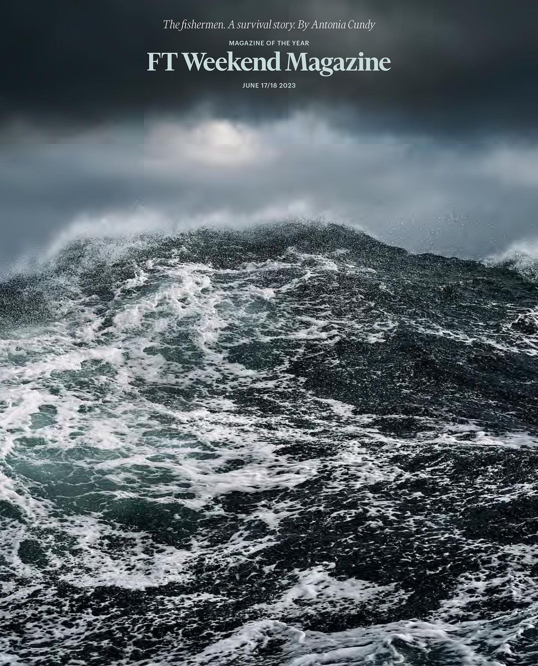 Magazine cover featuring a stormy ocean with crashing waves under a dark, cloudy sky and text overlay advertising the issue.