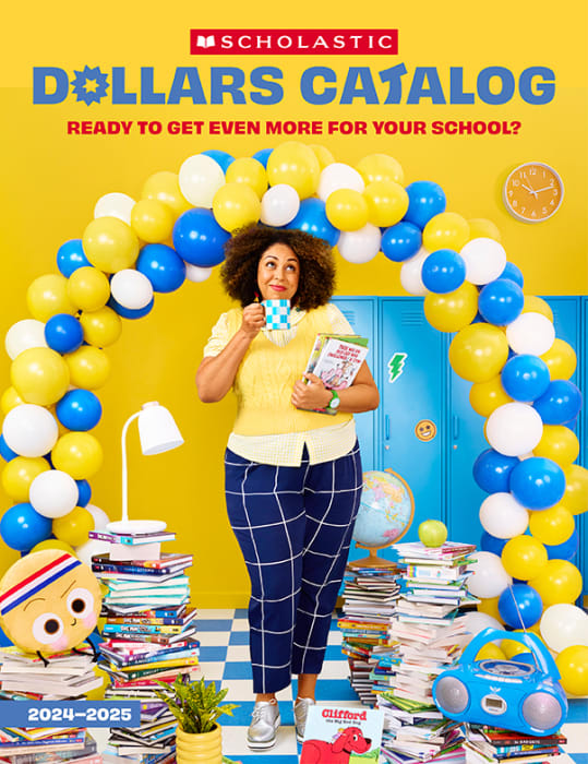 Woman in school setting holding a book and mug, surrounded by books and balloons, promoting Scholastic 2024-2025 catalog.