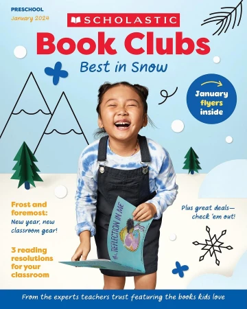 Smiling Asian child model with Scholastic Book Clubs magazine promoting reading, books, and education in a light blue indoor studio setting.
