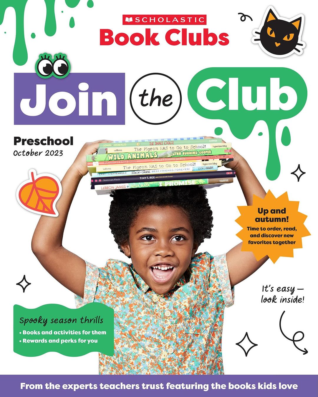 Scholastic Book Clubs ad featuring a smiling child holding a stack of books on their head. Fun, playful design elements surround them.