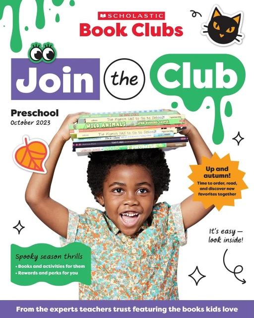 Scholastic Book Clubs ad featuring a smiling child holding a stack of books on their head. Fun, playful design elements surround them.