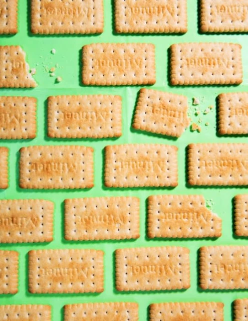 Overhead shot of a repeating pattern of rectangular crackers with brand name stamped in the middle, scattered crumbs, and green backdrop.