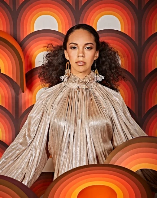 Portrait of a stylish adult female with afro pigtails, wearing a gold pleated top with tassel earrings, in front of a retro background.