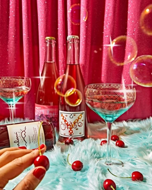 Two wine bottles and stemmed glasses with cherries are displayed on a furry surface in front of a red curtain backdrop.