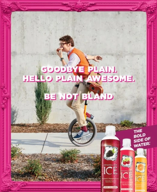 Person riding a unicycle and eating an apple alongside three flavored sparkling water bottles in a pink artistic frame, with text overlay.
