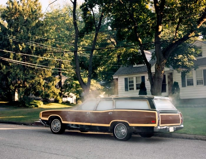 Classic wood-paneled station wagon parked on a residential street, with green trees and a house in the background under daylight.