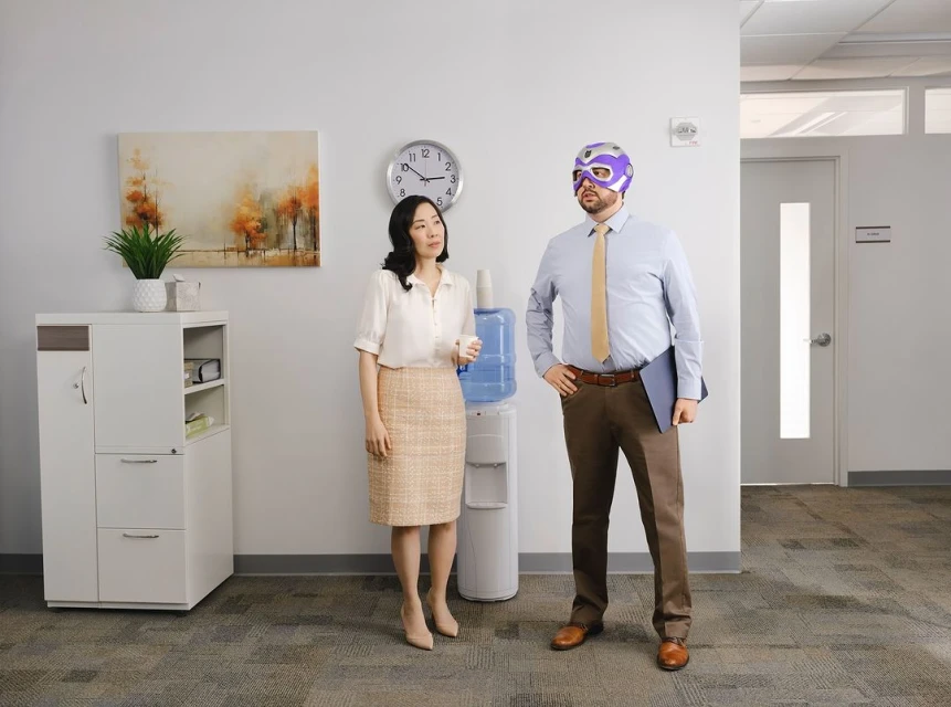 An Asian woman stands near a water cooler in an office, while a Caucasian man with a purple mask stands ready to defend against thirst.