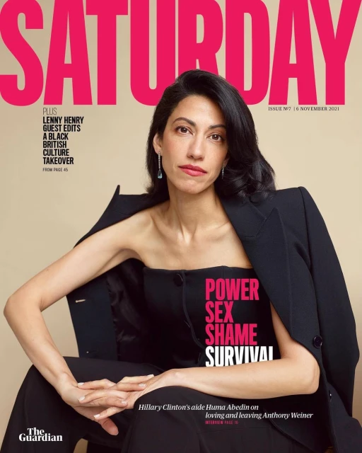 Magazine cover featuring a brunette woman in a strapless top and blazer, with bold typography reading 'Saturday', a fashion editorial shot.