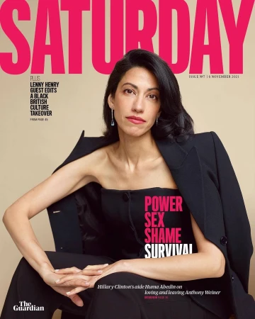 Magazine cover featuring a brunette woman in a strapless top and blazer, with bold typography reading 'Saturday', a fashion editorial shot.