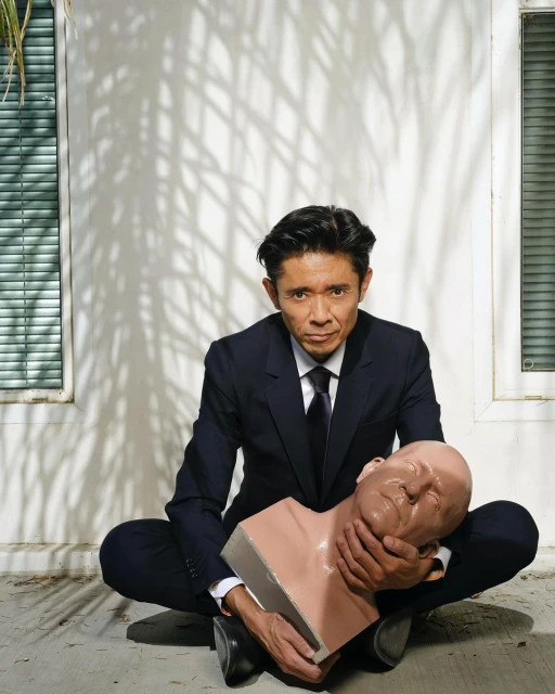 Adult man in a suit sits cross-legged holding a mannequin head with his hands outdoors against a white wall with tree shadow.