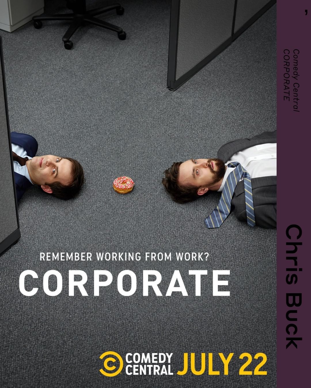 Poster image for Comedy Central's "Corporate" featuring two men in suits lying on a gray carpet with a donut between them.