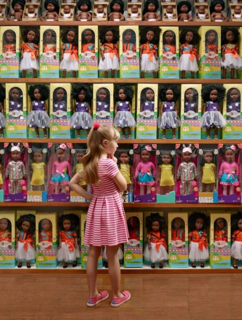 Young girl in pink stands in front of a store shelf filled with African American fashion dolls in boxes in a brightly lit store.