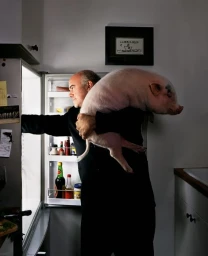 A bald man in a dark suit carrying a large pig over his shoulder while opening a brightly lit refrigerator in a kitchen.