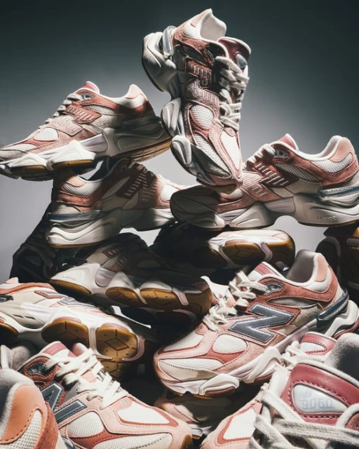 Pile of New Balance 9060 sneakers in white and peach tones, stacked in a studio with soft lighting and a gray gradient backdrop.
