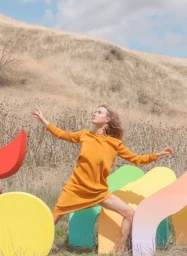 Woman in mustard yellow dress posing among bright abstract geometric props in a dry grassy meadow
