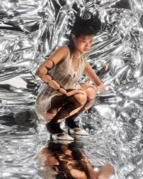Asian woman crouching against a reflective metallic silver foil background wearing a cream knit dress.