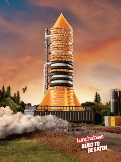 Whimsical still life of a Lunchables cracker stack sculpted into a rocket ship, set against a twilight sky and landscape backdrop.