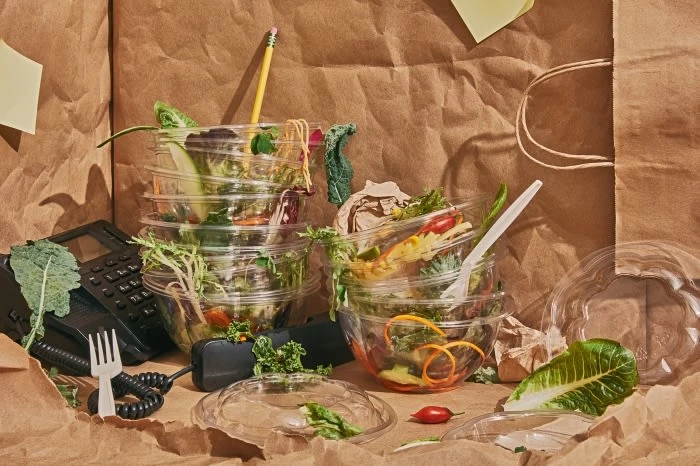 Stacked clear plastic bowls filled with salad ingredients sit on brown paper with office supplies in a brightly lit indoor scene.