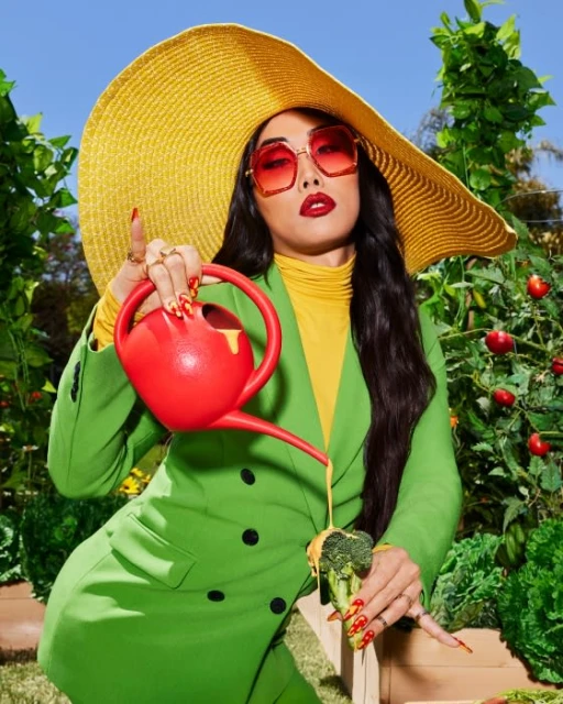 Stylish woman in a green suit and yellow hat waters broccoli with a red watering can against an outdoor garden backdrop.
