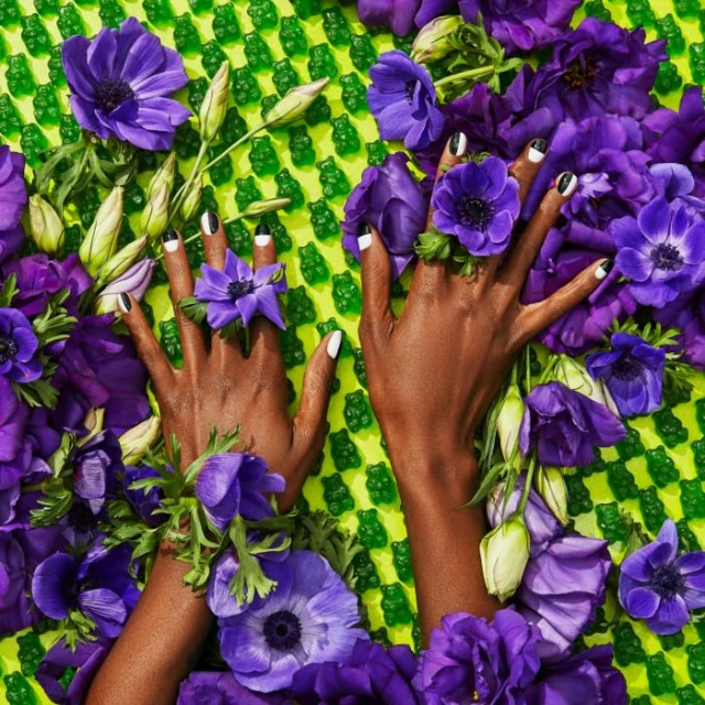 Overhead shot of two hands adorned with violet anemone flowers and trendy nail art, surrounded by a grid of green gummy bears.