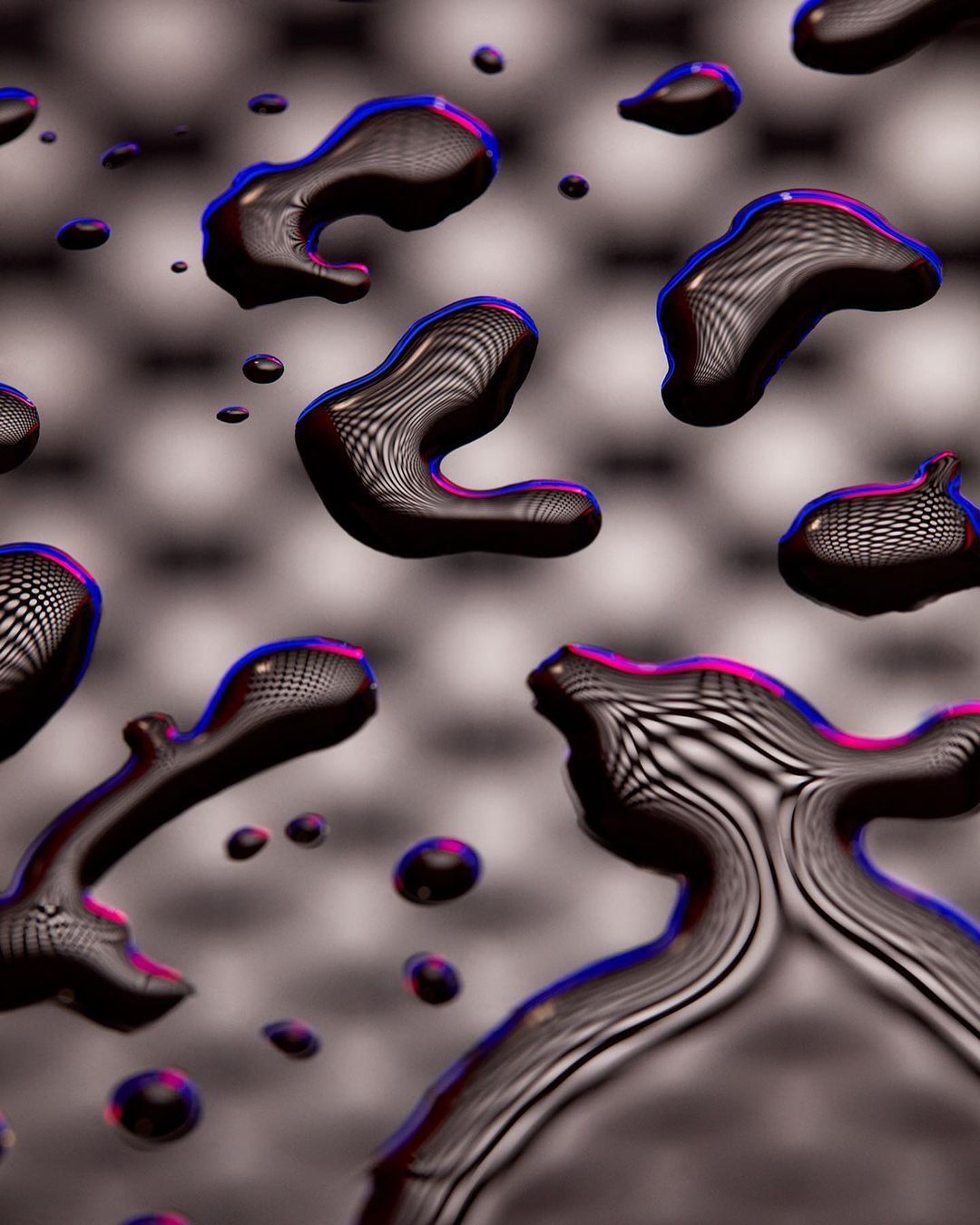 Close-up of water droplets with striped reflections on a textured surface with a blurred background, creating an abstract and visually interesting image.