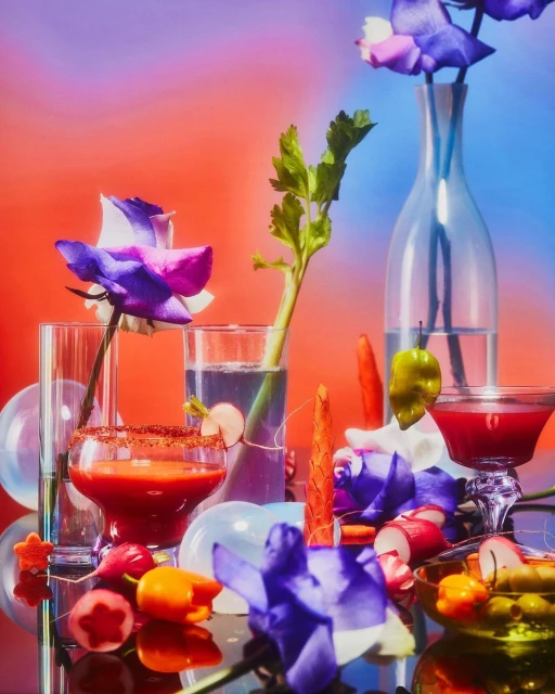 Still life of cocktail glasses filled with red drinks surrounded by purple flowers, colorful peppers, and celery on a glossy surface.