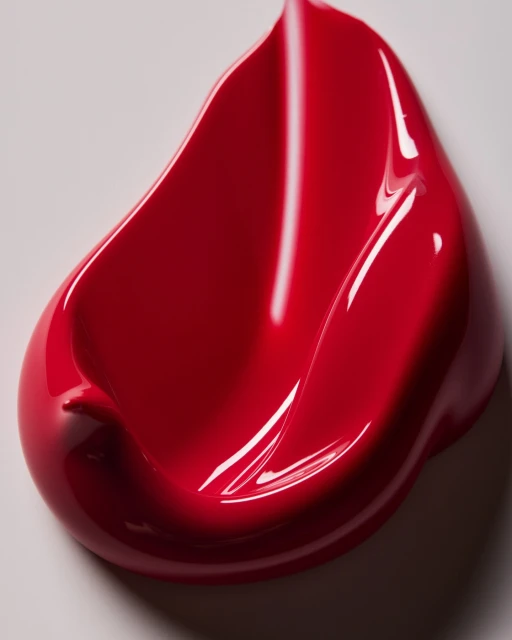 Macro photograph of a vibrant red, glossy cosmetic product smear against a white background, showcasing texture and color details.