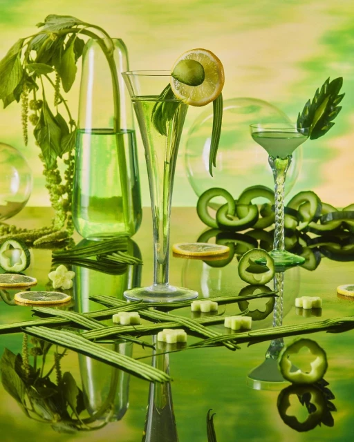 Still life photo of green cocktails and decorative vegetables with lemon on reflective surface against green and yellow background.