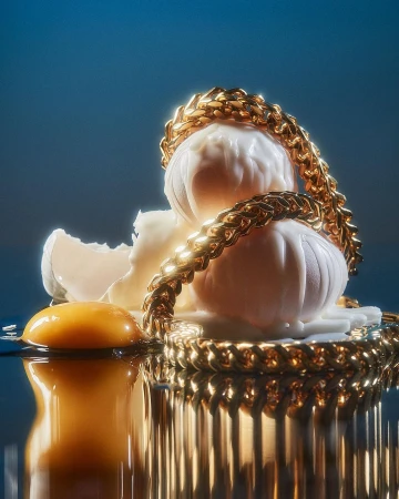 Still life of raw egg yolk, broken egg shells, and egg whites arranged around a thick, gold chain on a reflective surface.