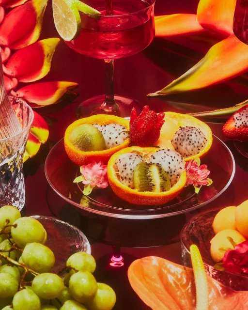 Arrangement of tropical fruits on reflective red surface with cocktail glass and clear glassware, studio product food photography.